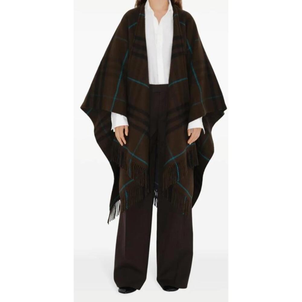 NWT Burberry Check Plaid Cape with Fringe in Brown/Snug wool and cashmere